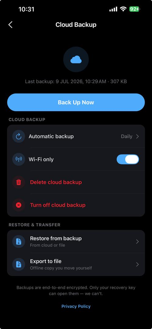 O'Chat cloud backup screen