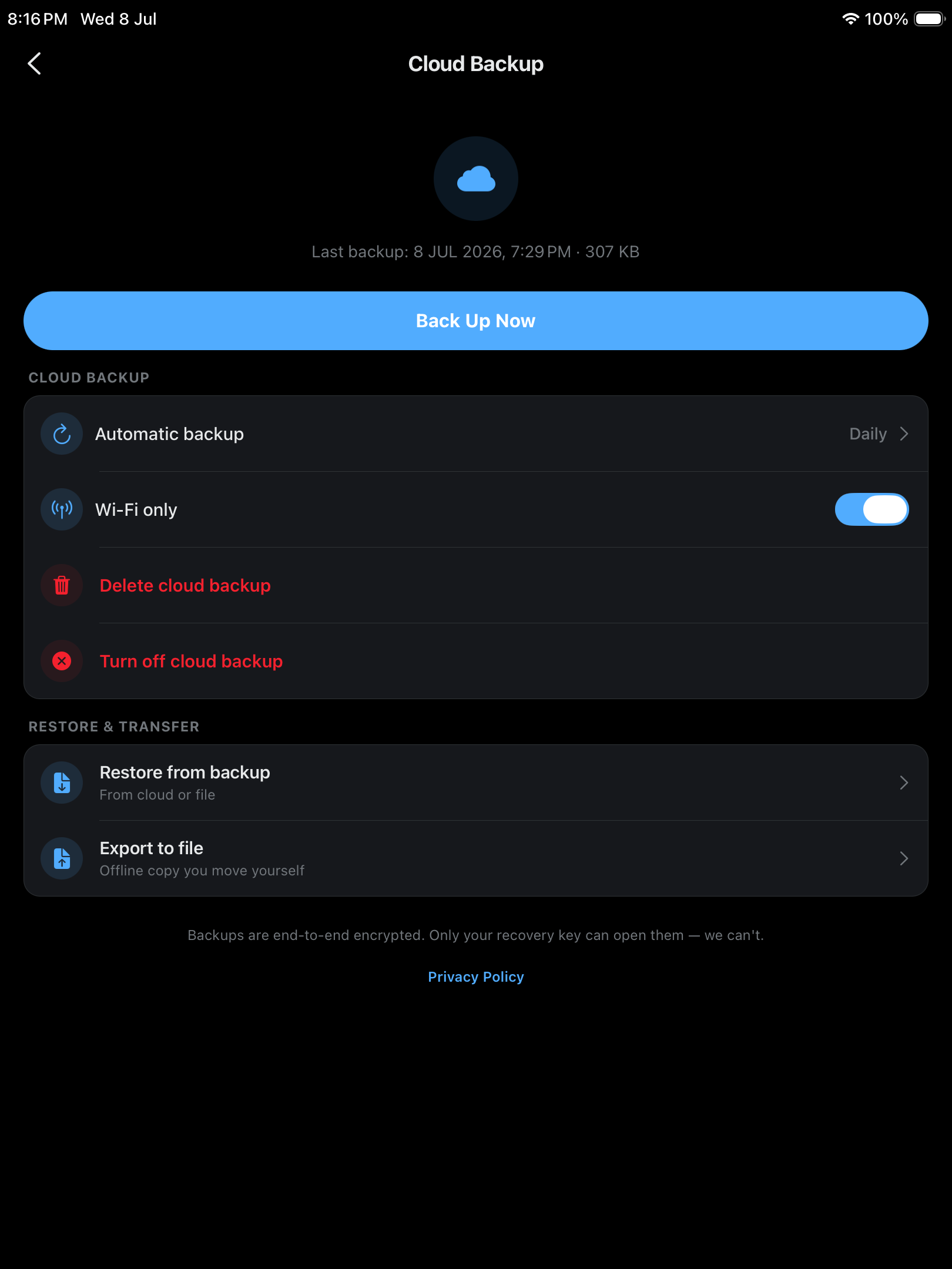 O'Chat cloud backup screen
