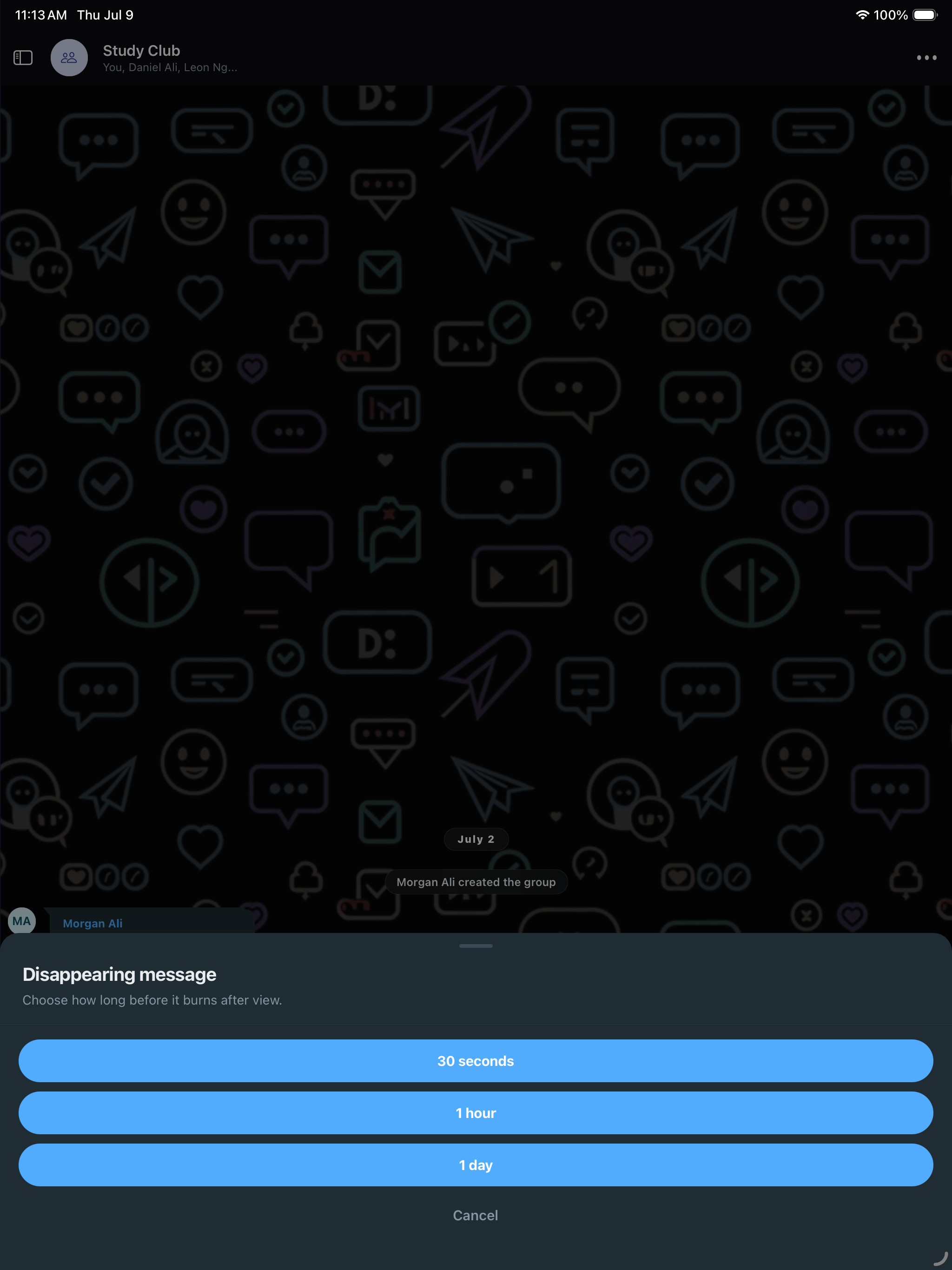 O'Chat on tablet — burn after read