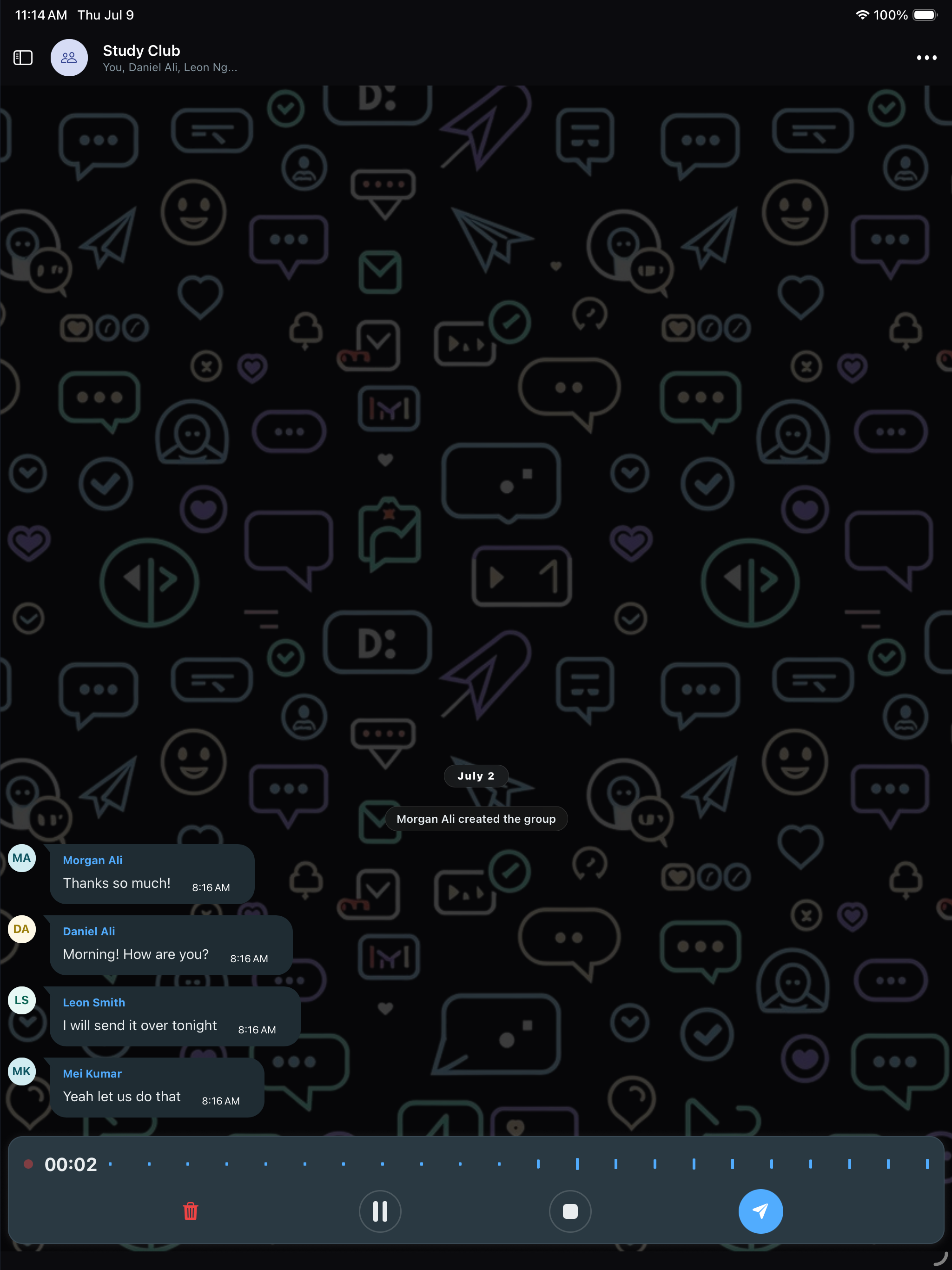 O'Chat on tablet — voice messages